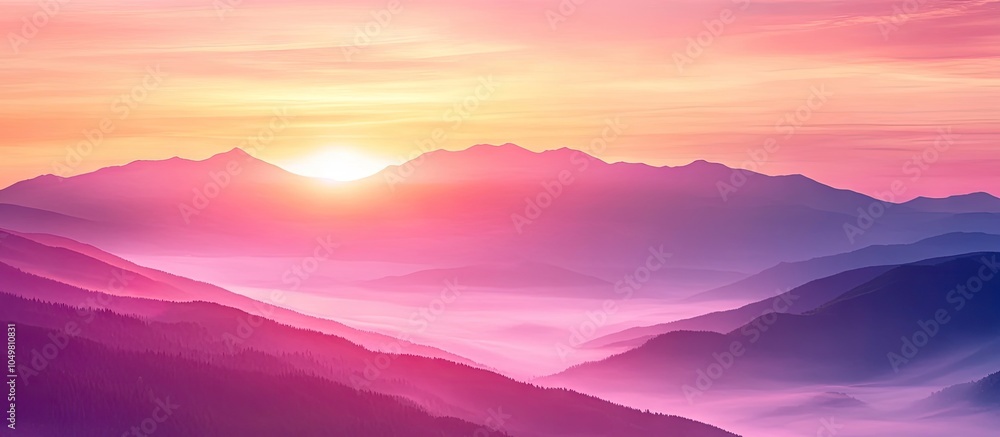 Aufkleber the stunning hues of the evening sunset above the foggy mountains. with copy space image. place for 