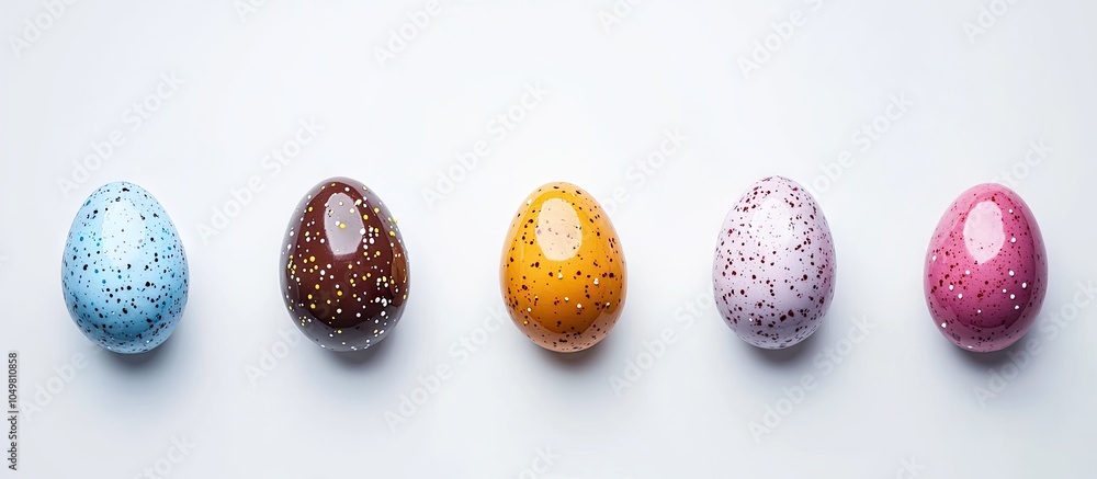 Poster colorful chocolate easter eggs on a white background. with copy space image. place for adding text o