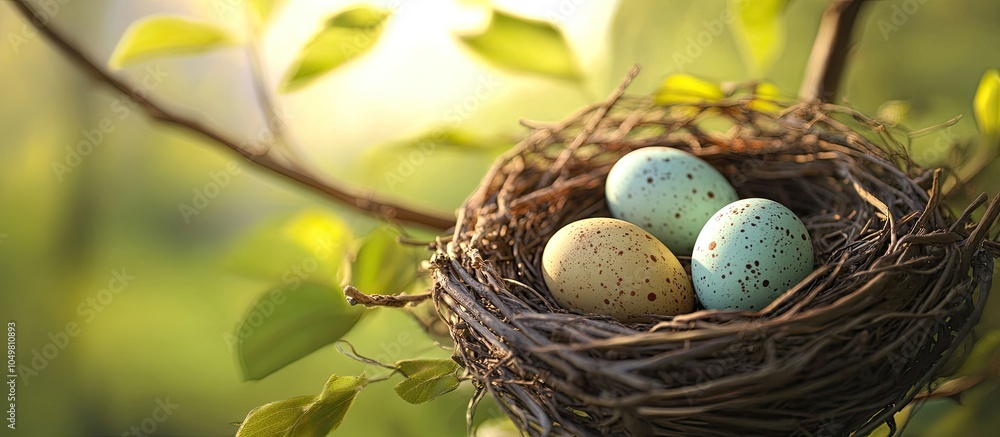 Aufkleber Several natural easter eggs in a bird s nest joyful easter theme background. with copy space image. Place for adding text or design
