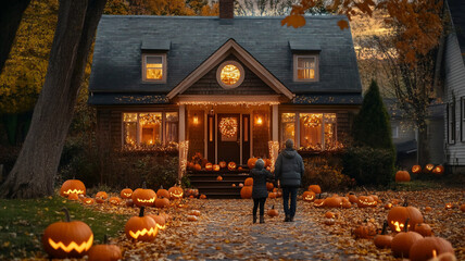 Fototapeta premium Adults decorating house with pumpkins inside working together 