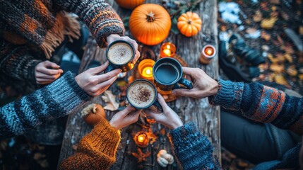 Friends over 25 gathered around a wooden table outside a rustic cabin, toasting with mugs of hot...