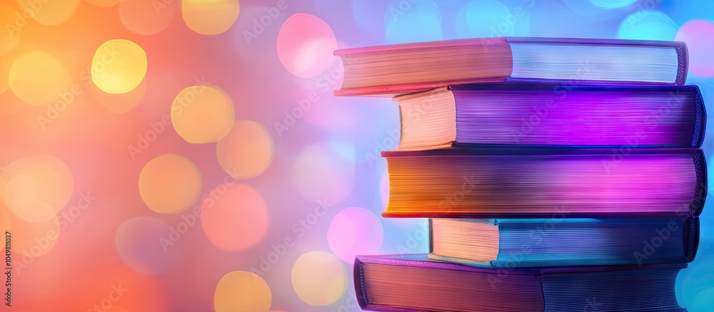 Poster A stack of books set against a blurred colorful backdrop for copy space