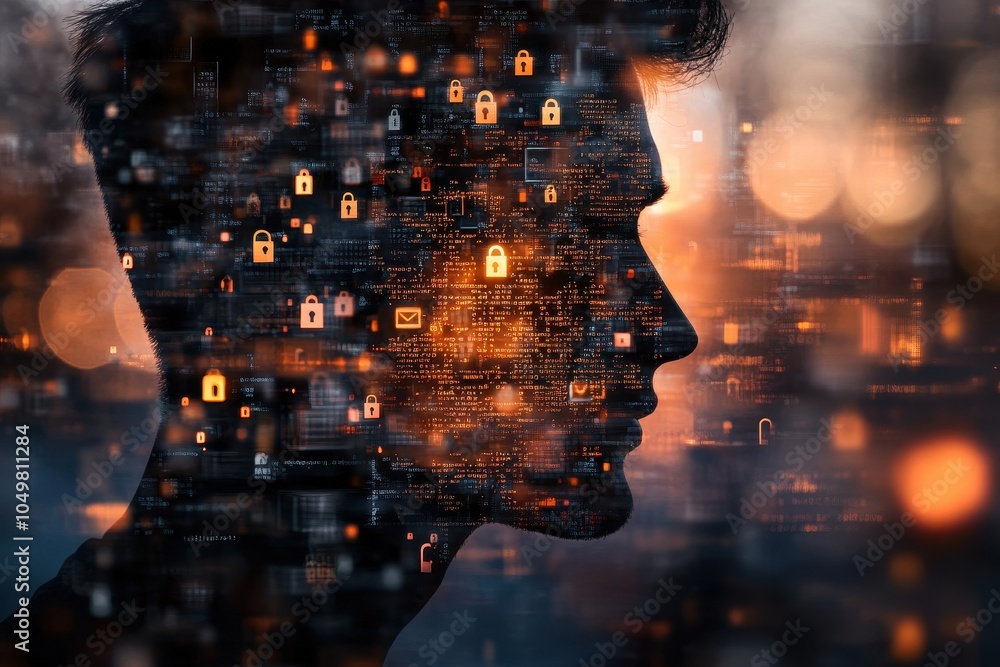 Aufkleber a striking digital silhouette face profile against a dark futuristic technological background with g