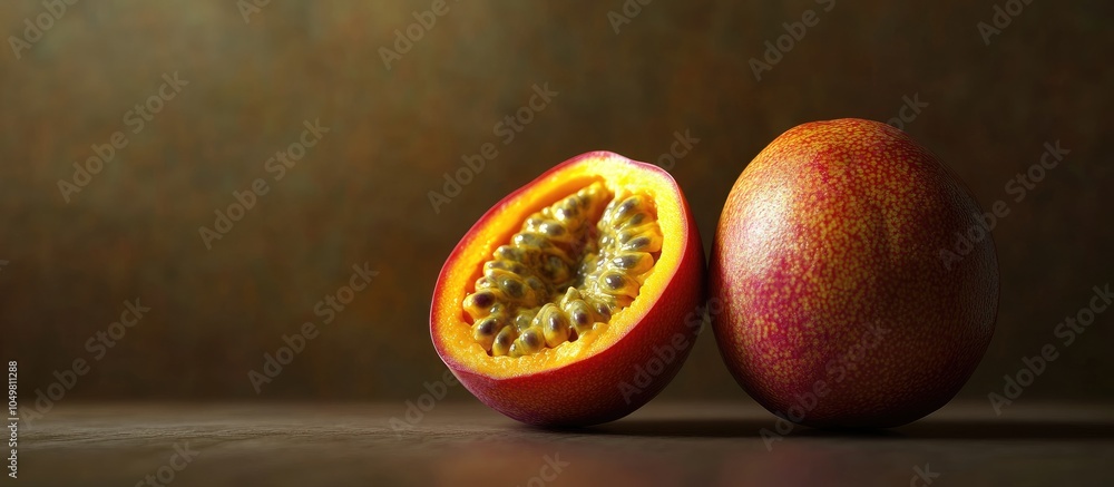 Aufkleber Maracuja Passionfruit Halved Still Life Perspective. with copy space image. Place for adding text or design
