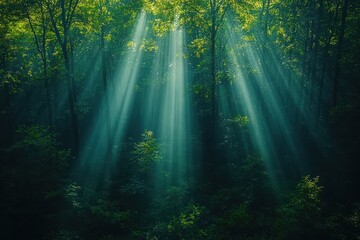 Fototapeta premium Sunlight filters through dense forest canopy, casting ethereal beams and illuminating lush greenery in a serene natural landscape.