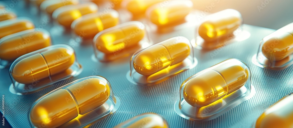 Poster concept of medication and pharmaceuticals yellow antibiotic tablets in a blister pack. with copy spa