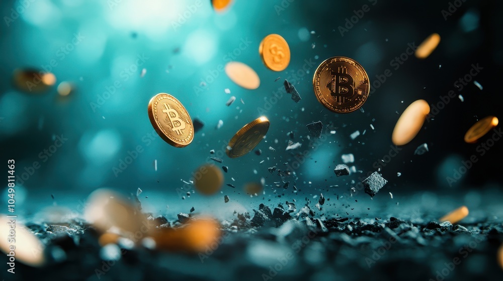 Poster bitcoin cryptocurrency floating in a tranquil digital environment with a futuristic feel representin