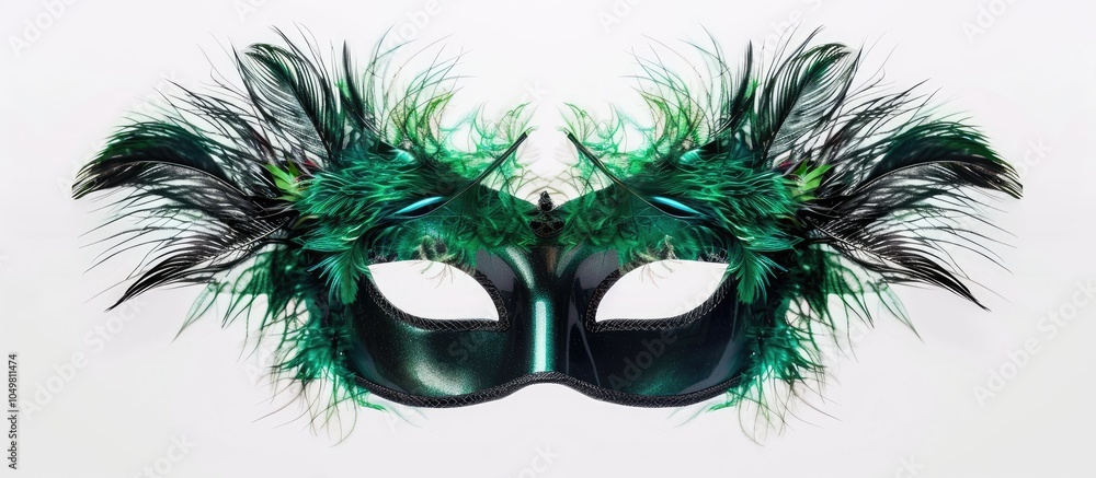 Poster Elegant festive green and black feather mask isolated on a white background. with copy space image. Place for adding text or design