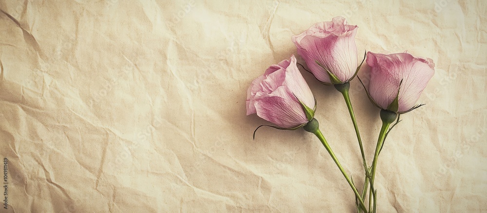 Aufkleber Textured vintage paper background featuring two eustoma flowers. with copy space image. Place for adding text or design