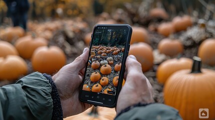 A family in a pumpkin patch using an AR app on their phones to explore different types of pumpkins, learning about their history and uses, blending the joy of a fall activity with a fun tech-based 