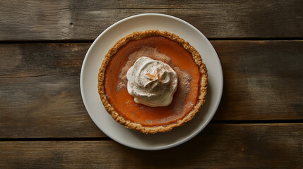 Obraz premium Traditional Pumpkin Pie with Whipped Cream and Cinnamon on Rustic Wooden Table: Close-Up Festive Dessert Perfect for Autumn and Thanksgiving Celebrations