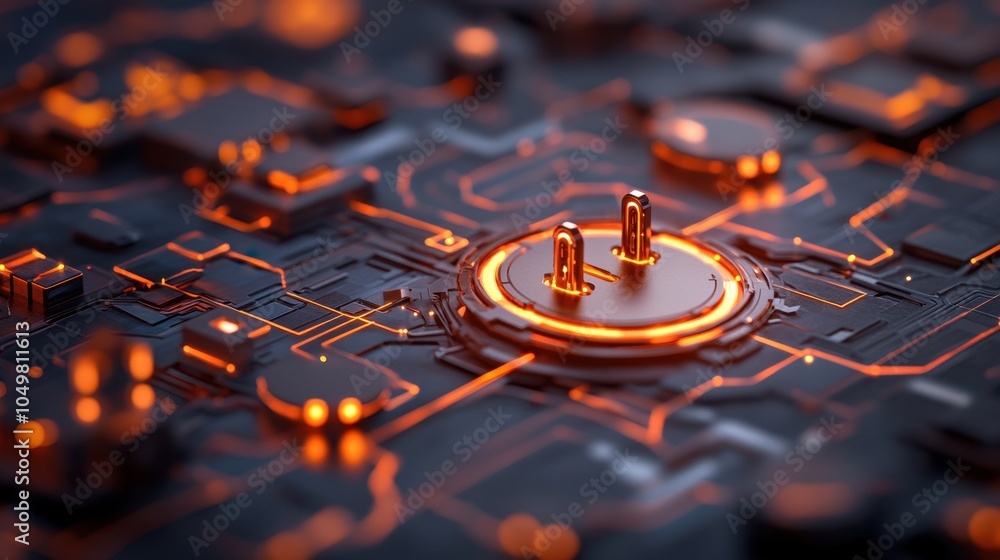Poster close up view of a futuristic microchip circuit board glowing with high tech energy symbolizing the 