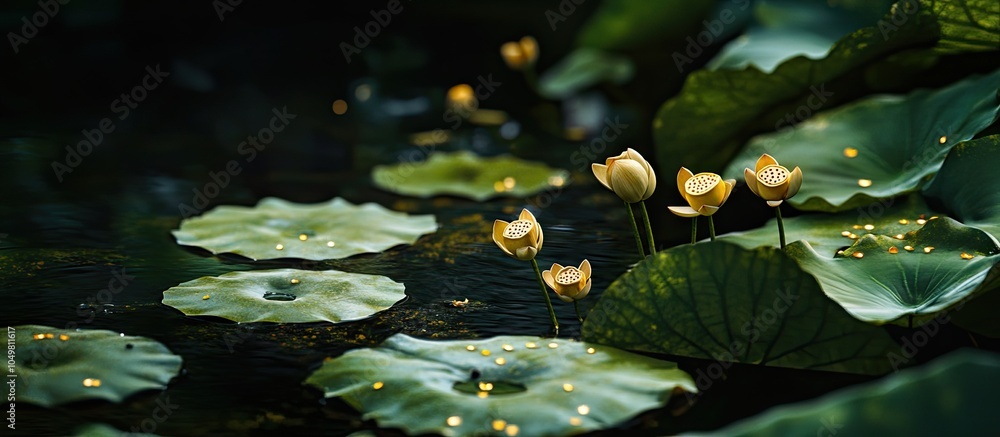 Leinwandbilder close up of lotus seed pods in a pond that resembles a family in conversation vertical image suitabl