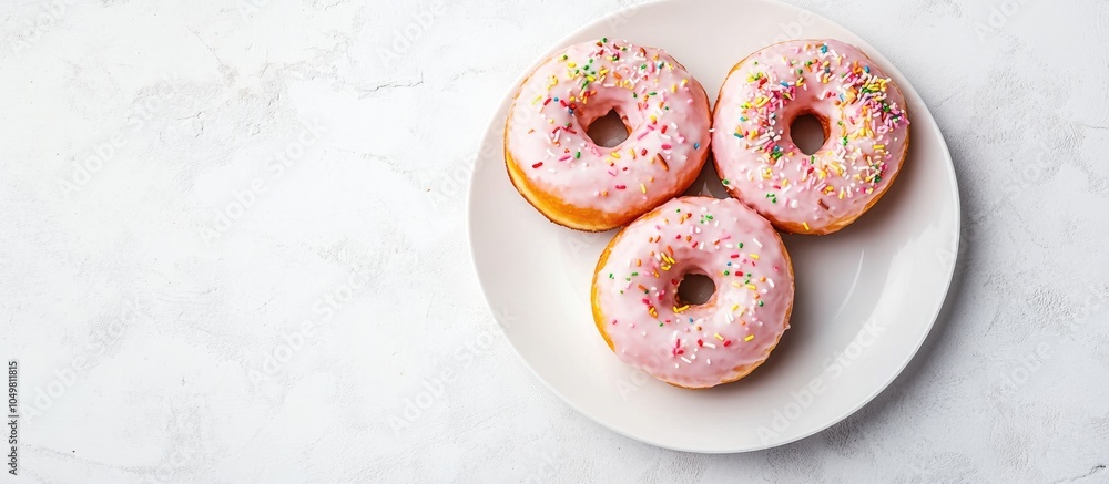 Poster homemade donuts on a white plate set against a light background. with copy space image. place for ad