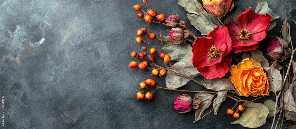 Poster arrangement of dried aegle marmelos and flowers still life. with copy space image. place for adding 