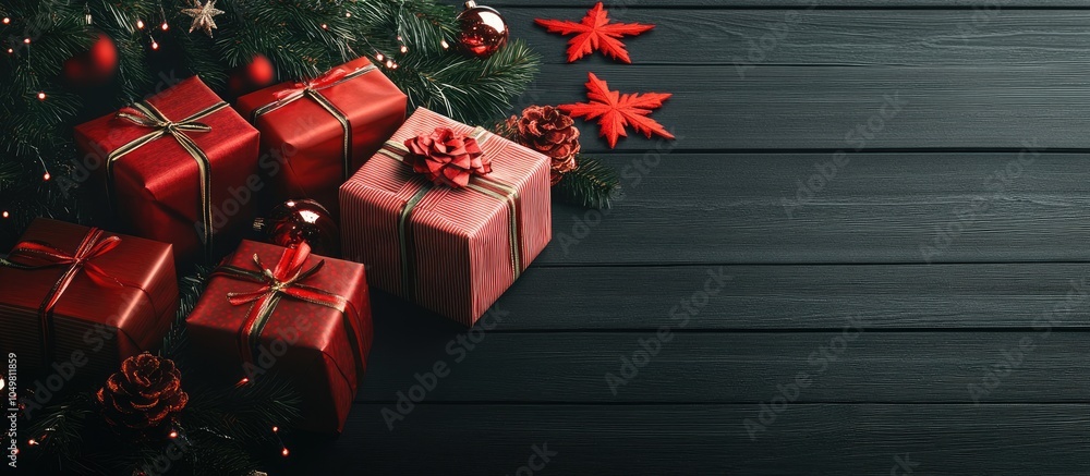 Poster christmas still life featuring gifts on a black wooden surface alongside a christmas tree new year p