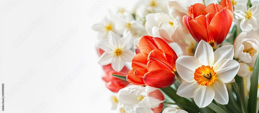 Aufkleber a beautiful bouquet of fresh narcissus and tulips set against a white background. with copy space image. Place for adding text or design