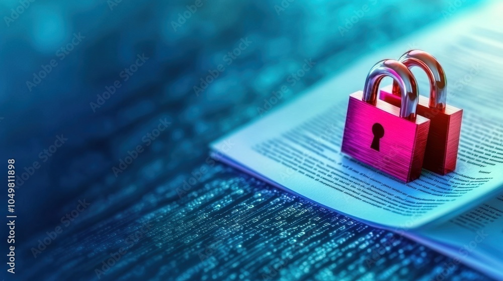 Poster digital security and privacy concept represented by a padlock icon on a blurred technology backgroun
