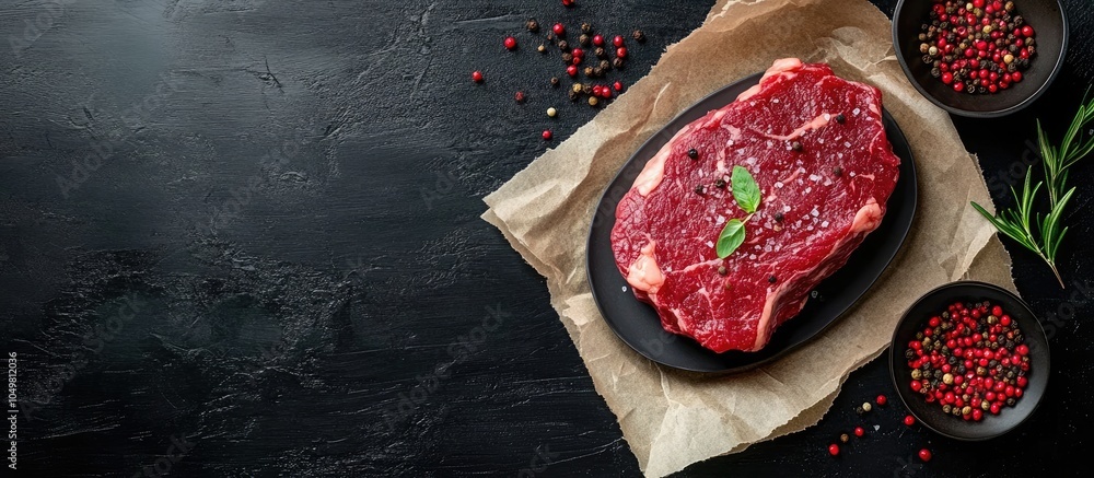 Poster fresh raw beef marble steak on paper with a saucer filled with pink peppercorn spice set on a black 
