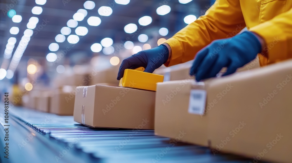 Poster efficient logistics process of preparing packages for delivery in a warehouse workers handling and s