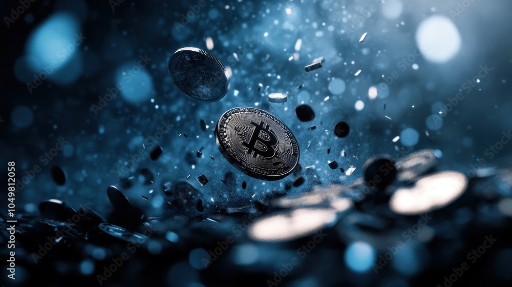 Poster dynamic digital cryptocurrency bitcoin scattering particles in a futuristic financial technology bac
