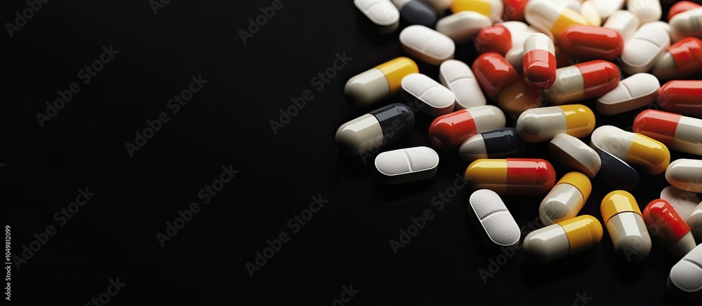 Poster Medicine pills are set against a black background. with copy space image. Place for adding text or design