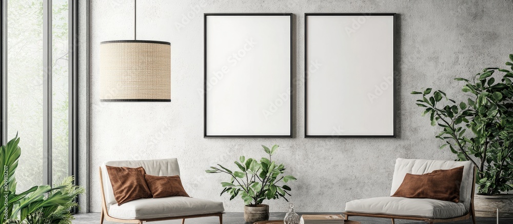 Poster contemporary hanging frame mockup living room poster frame mockup. with copy space image. place for 