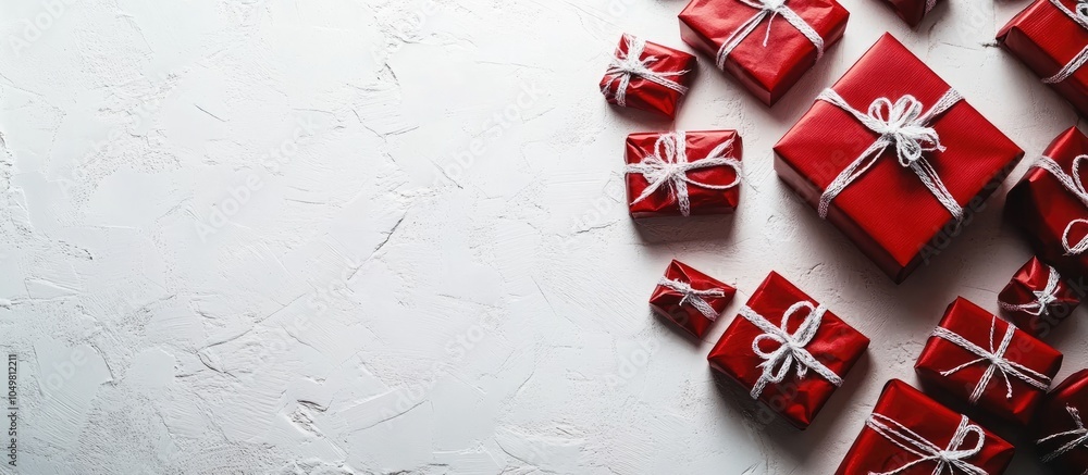 Aufkleber Red Christmas gift boxes on a textured white background. with copy space image. Place for adding text or design