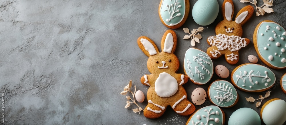 Aufkleber Easter gingerbread cookies set against a gray background Concept of Easter eggs and the Easter bunny Image features copy space in a horizontal layout