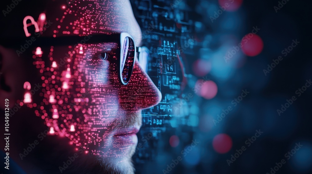 Poster futuristic digital cyborg with glowing data particles floating around face in a surreal cyberpunk in