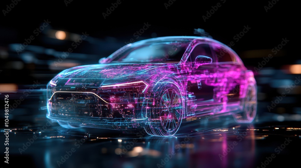 Poster futuristic electric hatchback concept car glowing in vibrant neon lights creating a dynamic and adva