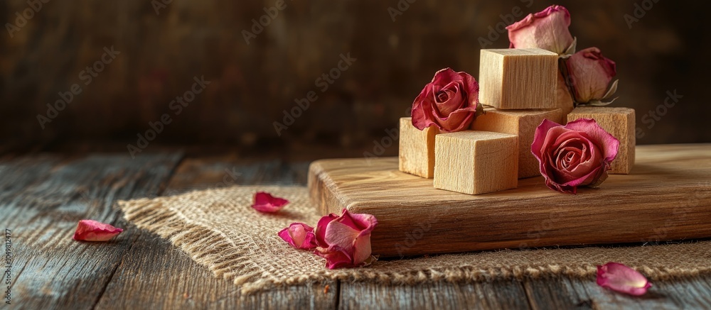 Poster wooden cubes and dried rose flowers on a new wooden board with a burlap background. with copy space 