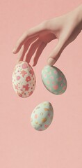 Colorful hand-painted Easter eggs being delicately handled against a soft pink backdrop