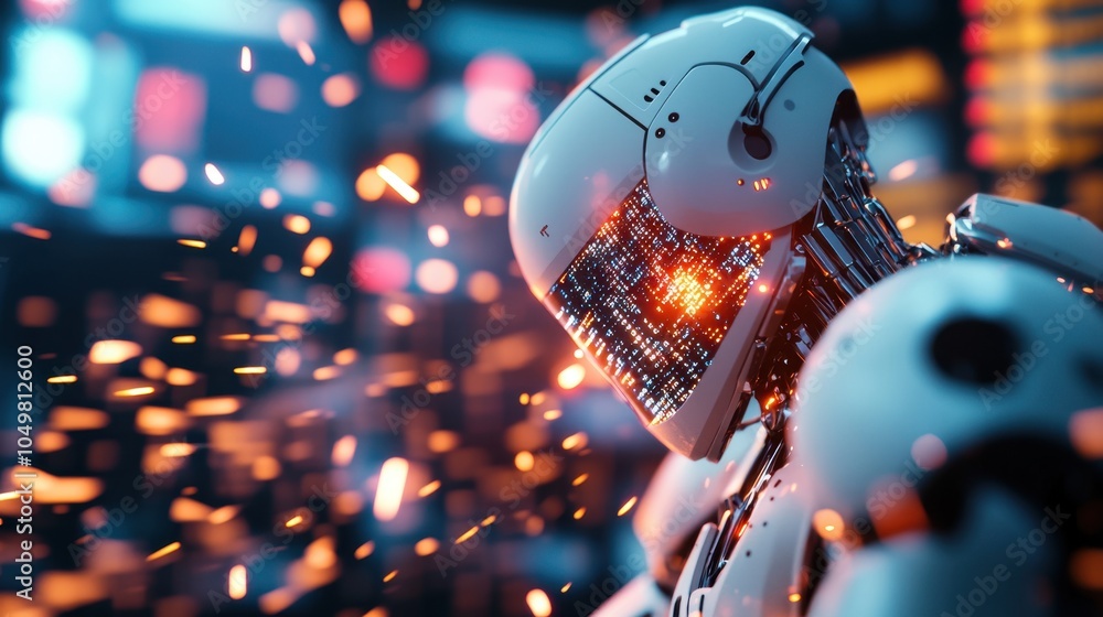 Poster futuristic robotic figure with glowing blue lights metallic design and explosive sparks in a dramati