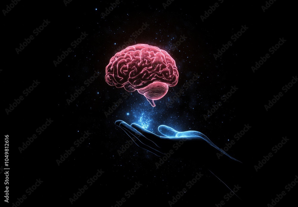 Poster artificial intelligence and human brain merge. close-up ai robot holds ai brain with open hand. arti