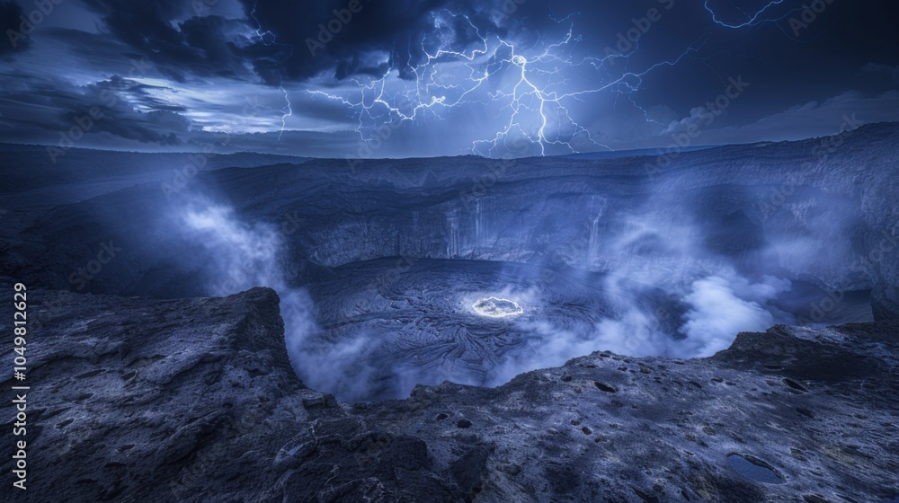 Poster A stunning view of a hidden volcanic caldera with steaming fumaroles and a dramatic lightning storm flashing across the sky, Volcanic caldera scene, Lightning style