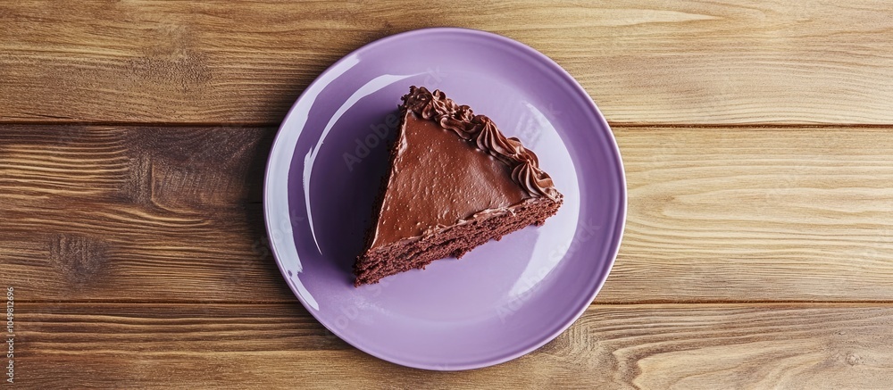 Aufkleber Delicious chocolate cake on a purple plate Wooden table The idea of food and love. with copy space image. Place for adding text or design