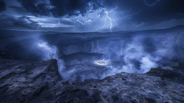A stunning view of a hidden volcanic caldera with steaming fumaroles and a dramatic lightning storm flashing across the sky, Volcanic caldera scene, Lightning style