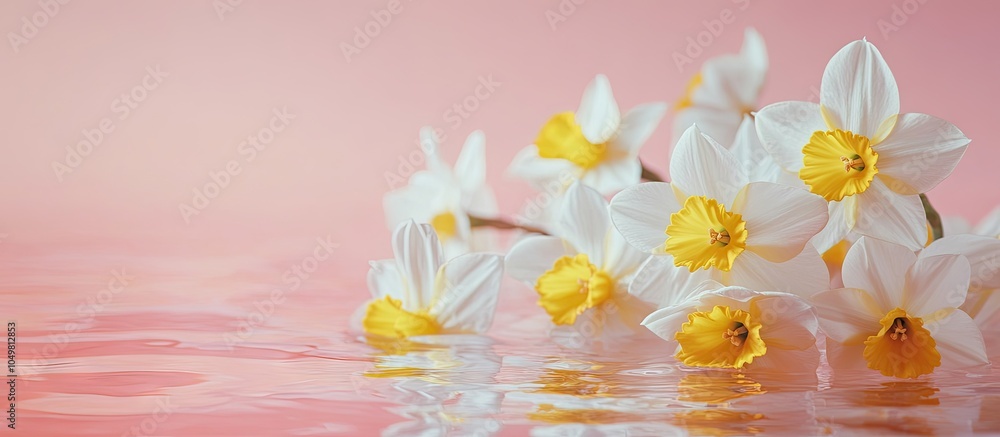 Poster Lovely daffodils in water on a pink background close up Room for text. with copy space image. Place for adding text or design