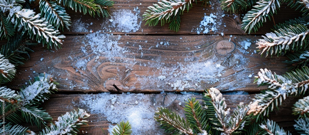 Leinwandbilder Fresh evergreen tree branches frame a wooden background covered in snow for Christmas. with copy space image. Place for adding text or design