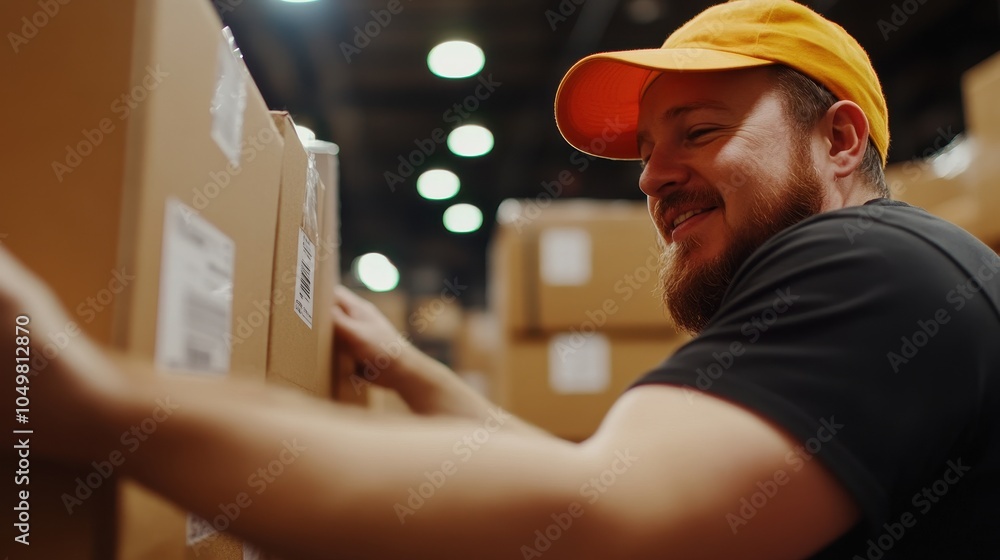 Poster hardworking warehouse employee in uniform efficiently managing and transporting merchandise packages