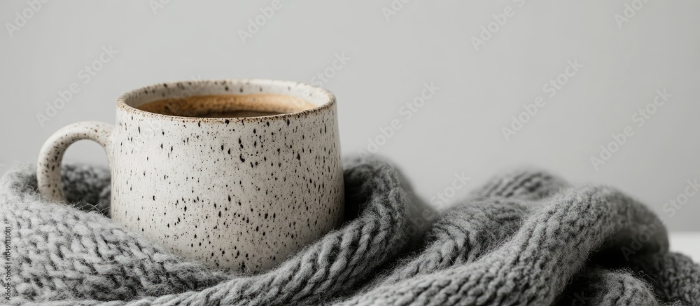 Poster coffee mug resting on a gray wool scarf against a white background with copy space