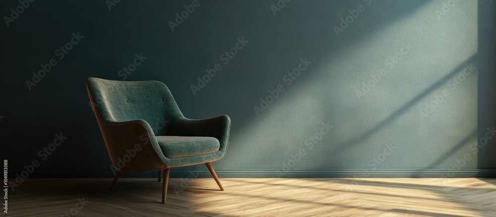 Poster vintage armchair on hardwood floor in the house. with copy space image. place for adding text or des