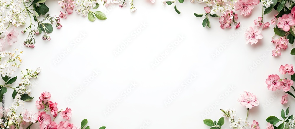 Aufkleber A frame created from lovely flowers on a white background flat lay style with room for text Floral arrangement. with copy space image. Place for adding text or design