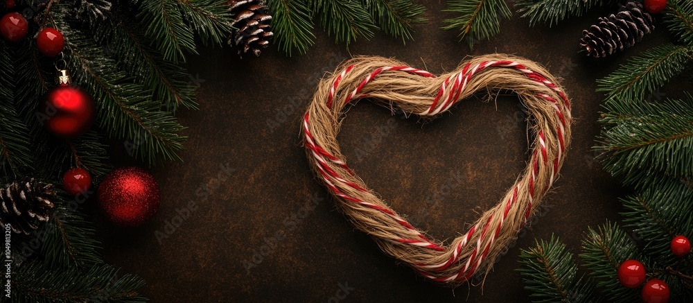 Aufkleber Christmas backdrop featuring a heart shape crafted from Christmas twine. with copy space image. Place for adding text or design