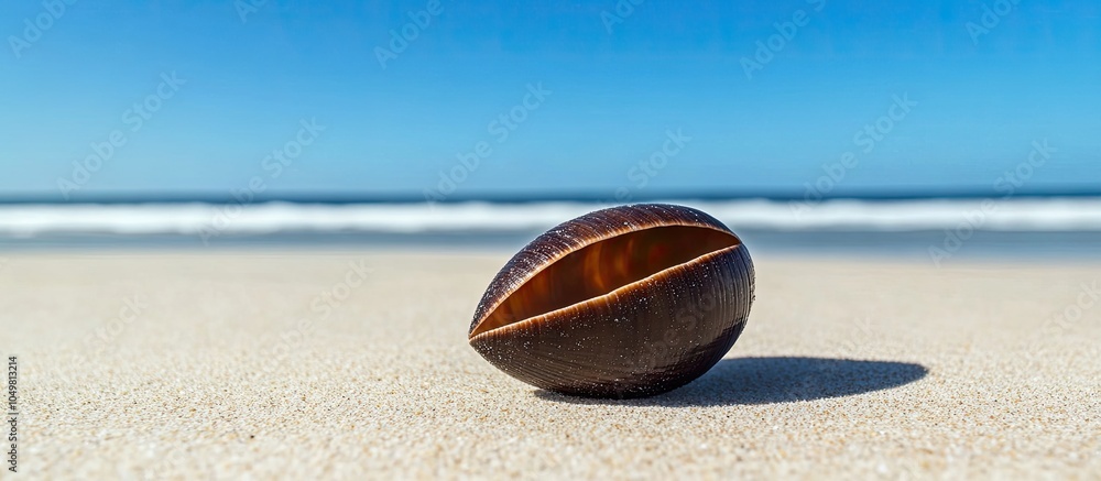 Poster a large dark brown cowry shell rests on its side on the sandy beach at the pacific ocean s edge with