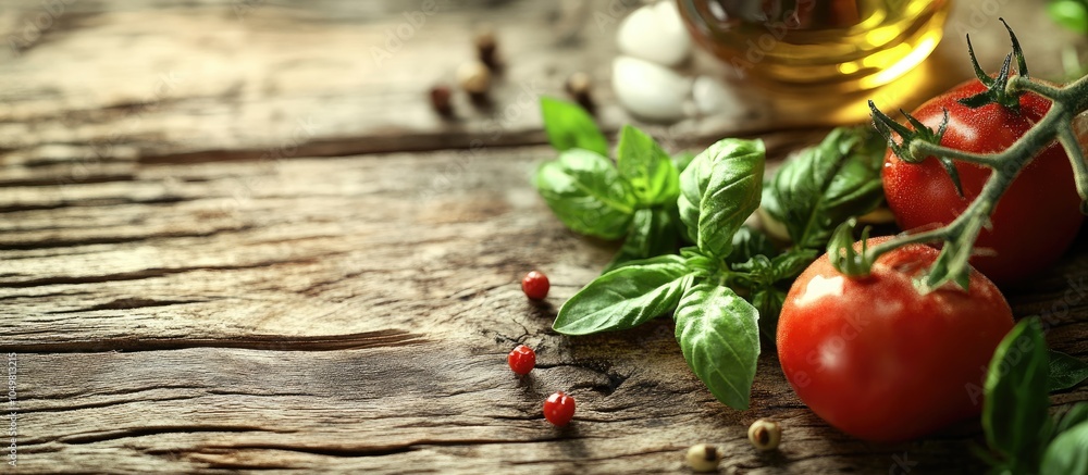 Poster Cooking ingredients on a wooden table include spring onion basil tomato and olive oil. with copy space image. Place for adding text or design