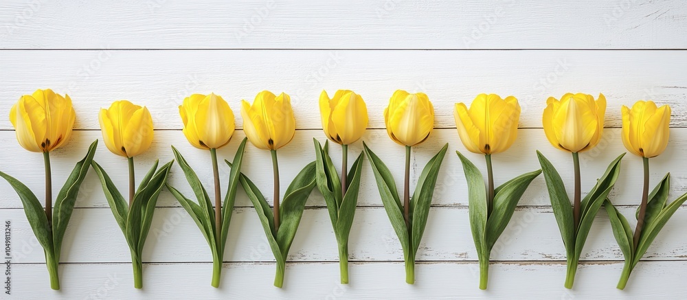 Aufkleber Row of yellow tulips on a white rustic wooden surface with room for a message Concept Hello Spring flowers Holiday greeting card for Valentine s Women s Mother s Day Easter Top view flat lay