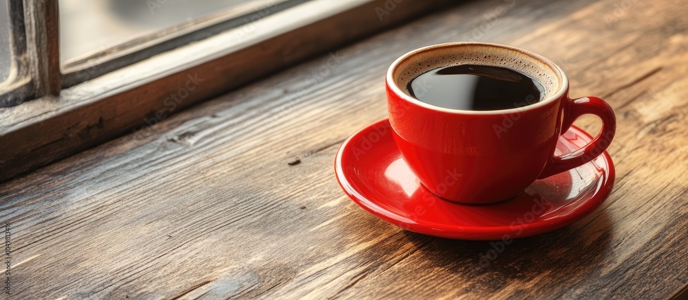 Aufkleber A red cup of black Americano coffee on a saucer positioned at the edge of a wooden table in a cafe with a low key image featuring copyspace