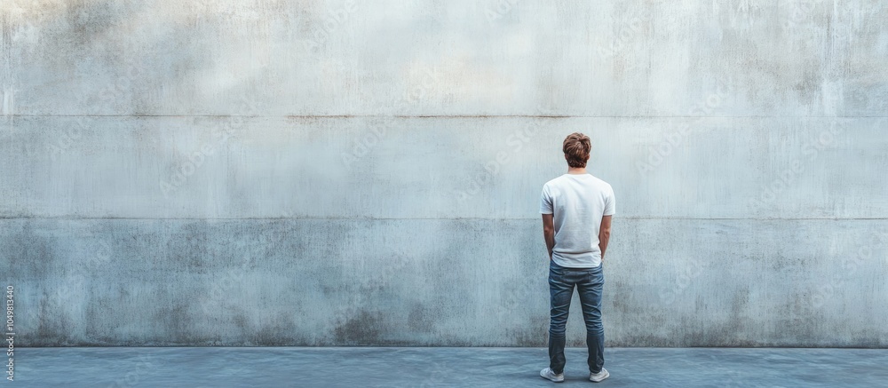 Poster young man positioned in front of a concrete wall. with copy space image. place for adding text or de